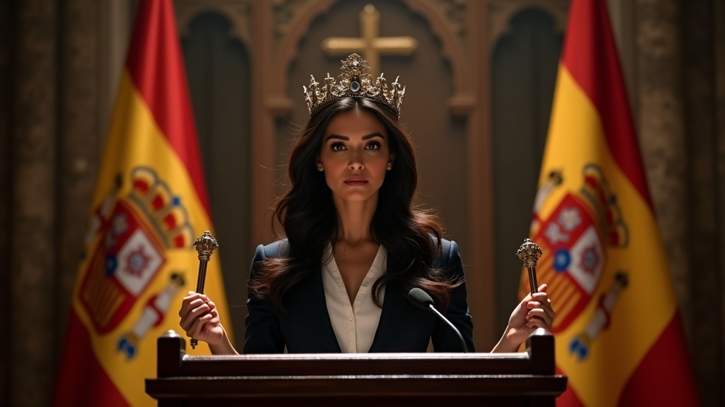 Ayuso en un atril con corona y cetro, entre banderas de Castilla y crucifijos, en la sede de la Comunidad de Madrid