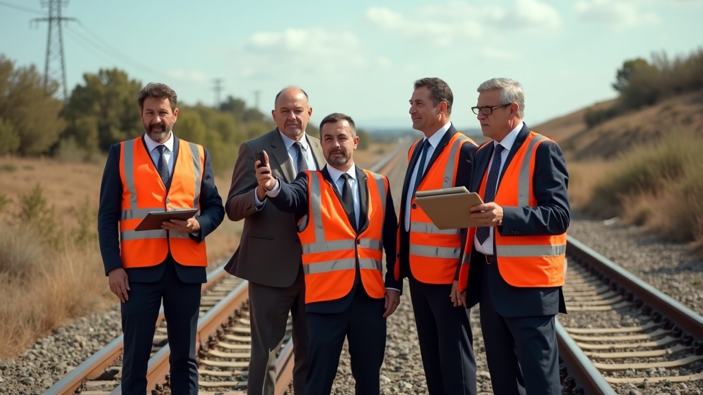 Altos cargos de designación directa inspeccionando vías ferroviarias con chalecos reflectantes y carpetas