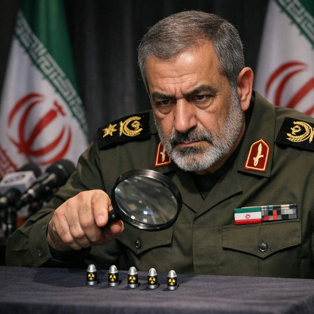 General iraní presenta las armas nucleares de Irán, que son muy pequeñitas