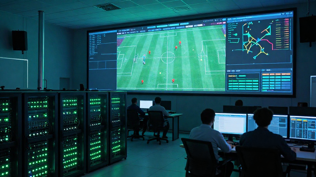 Sala de control con servidores y pantallas mostrando seguimiento táctico de un partido de fútbol