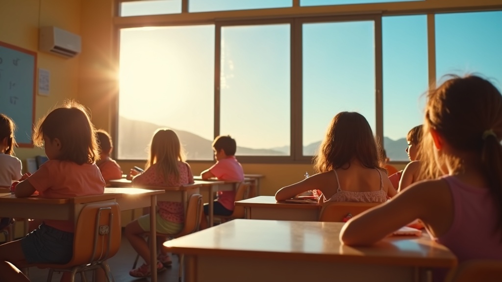 Niños en un aula con aire acondicionado mientras fuera luce el sol de verano