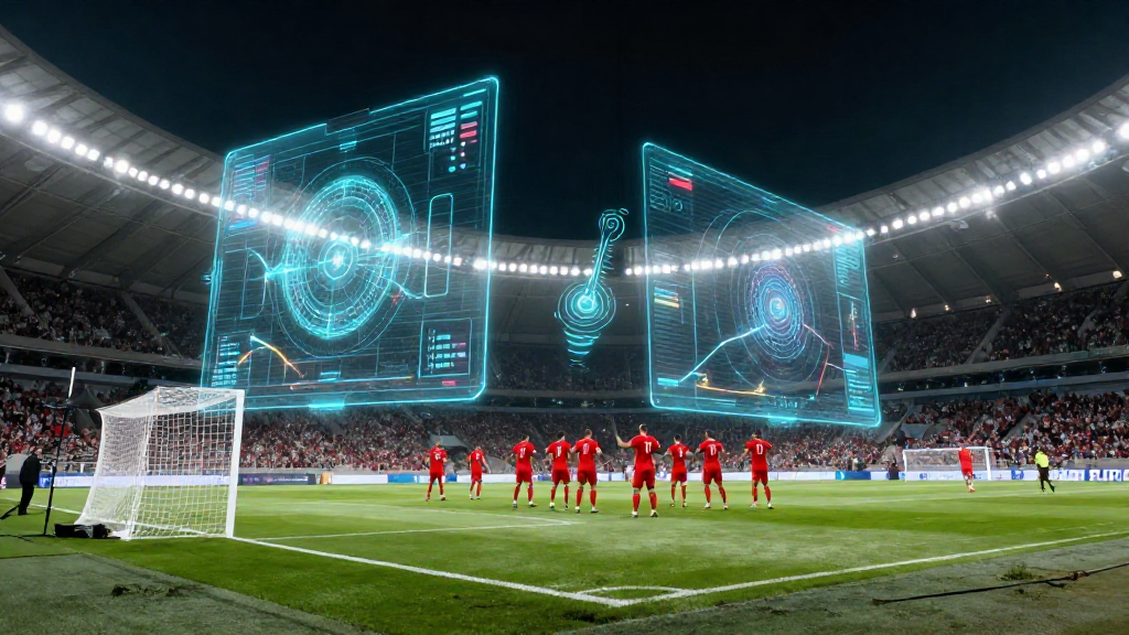 Selección de fútbol celebrando un gol con superposiciones tácticas holográficas sobre el césped