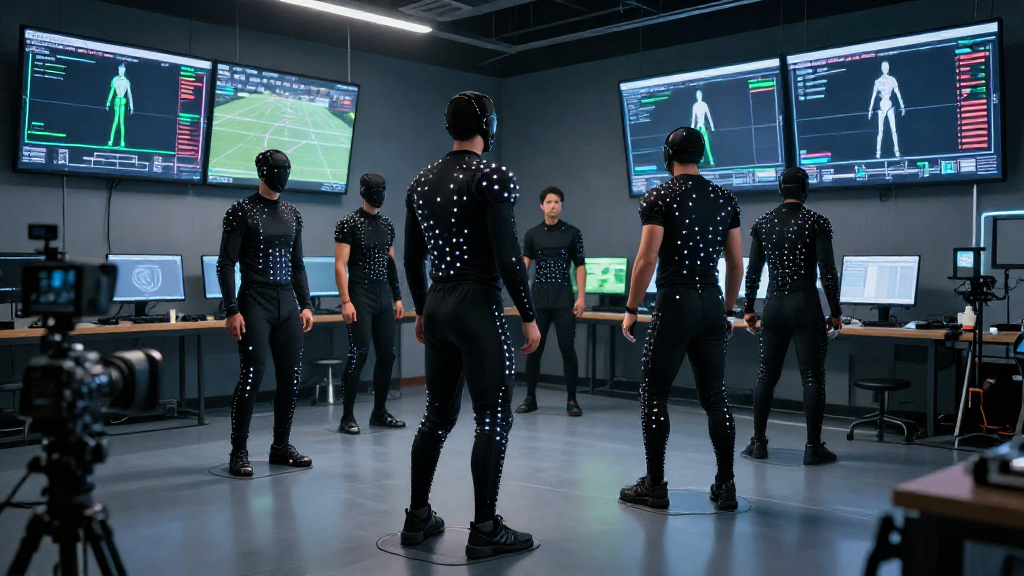 Futbolistas entrenando en un laboratorio con trajes de captura de movimiento y monitores de seguimiento 3D