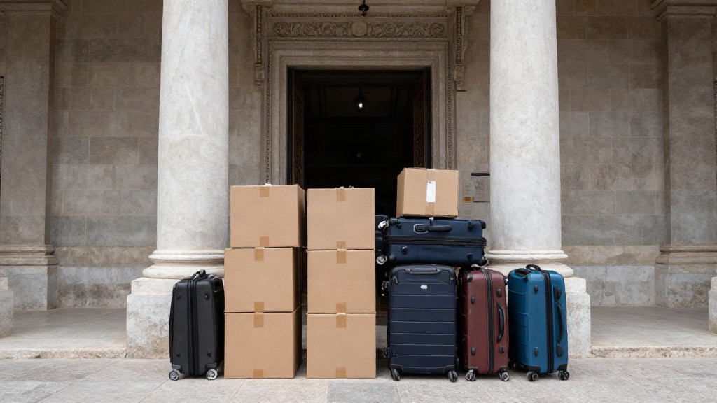 Cajas de mudanza y maletas apiladas ante la entrada del Palacio de la Moncloa