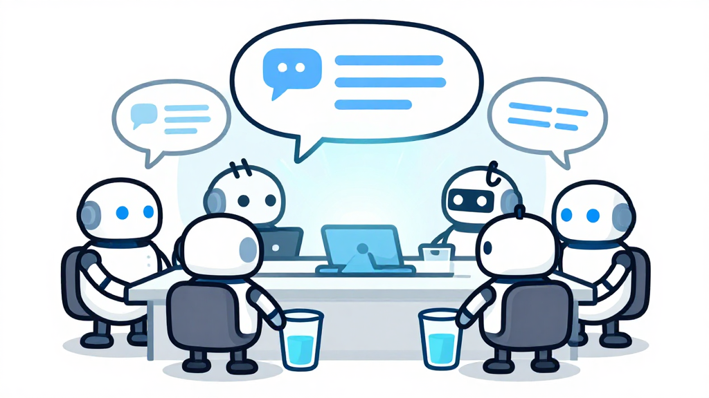 Robots de oficina reunidos alrededor de un bocadillo de chat