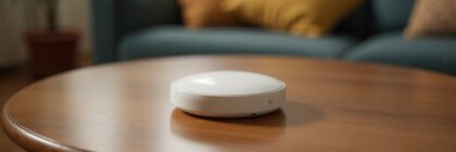 A small round white device on a coffee table in a very ordinary Spanish living room, slightly tilted as if turning to listen, a person's slippers just visible at the edge. Deadpan
