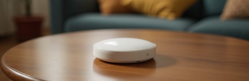A small round white device on a coffee table in a very ordinary Spanish living room, slightly tilted as if turning to listen, a person's slippers just visible at the edge. Deadpan