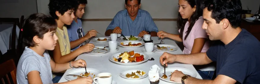 Mesa de comedor recogida a medias después de una comida familiar