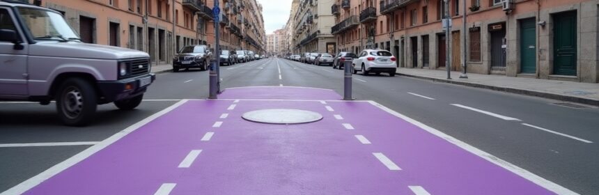Plaza de aparcamiento pintada de morado en una calle de Madrid