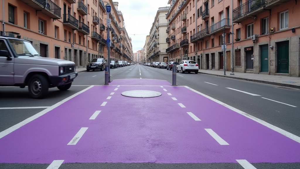 Plaza de aparcamiento pintada de morado en una calle de Madrid