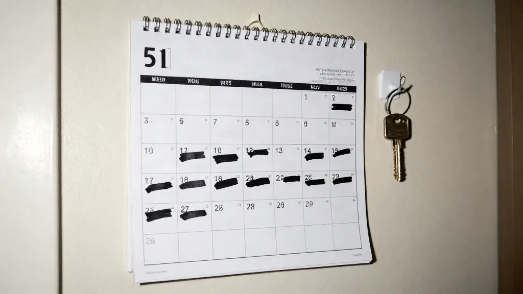Calendario de pared con varias semanas marcadas y una llave colgada al lado