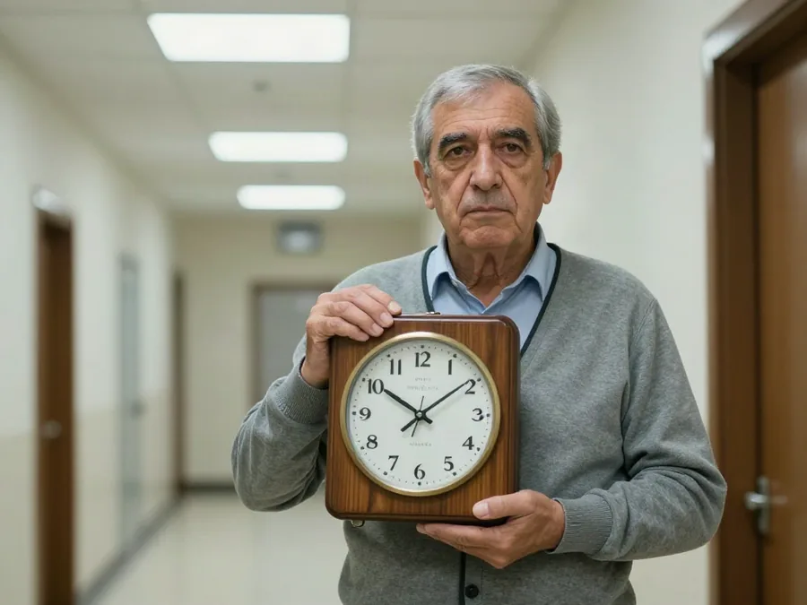 Un hombre mayor con rebeca gris sostiene un reloj de pared en el pasillo de unas oficinas municipales